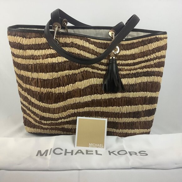 Michael Kors Malibu Brown Rafia Straw Large Tote - Picture 1 of 15